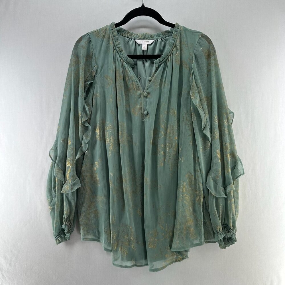 LC Lauren Conrad Ruffle Peasant Top Size L Split Neck Gold Metallic Print Green